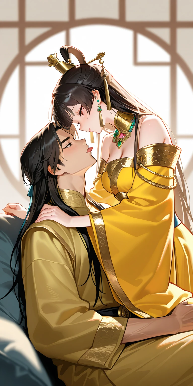 Hot sexy beautiful one indian princess kissing with ugly fat old man while hugging im carry position in bedroom,   long sparkling chandelier earrings,big breasts, ,black hair ,blush,blue eyes,red lipstick, chandelier jewelry,makeup, ornament, chandelier necklace,waist chain, rings,bangles,hair flower brochure,hair pins,hair chain, royal palaces and grand architecture, Traditional Indian sari, elegant draping style, intricate floral motifs, handwoven silk material, embellished with sequins and beads, sparkling gemstones and gold accents, artistic rendering of Indian culture, traditional jewelry and accessories, indian traditional wedding saree, crown 