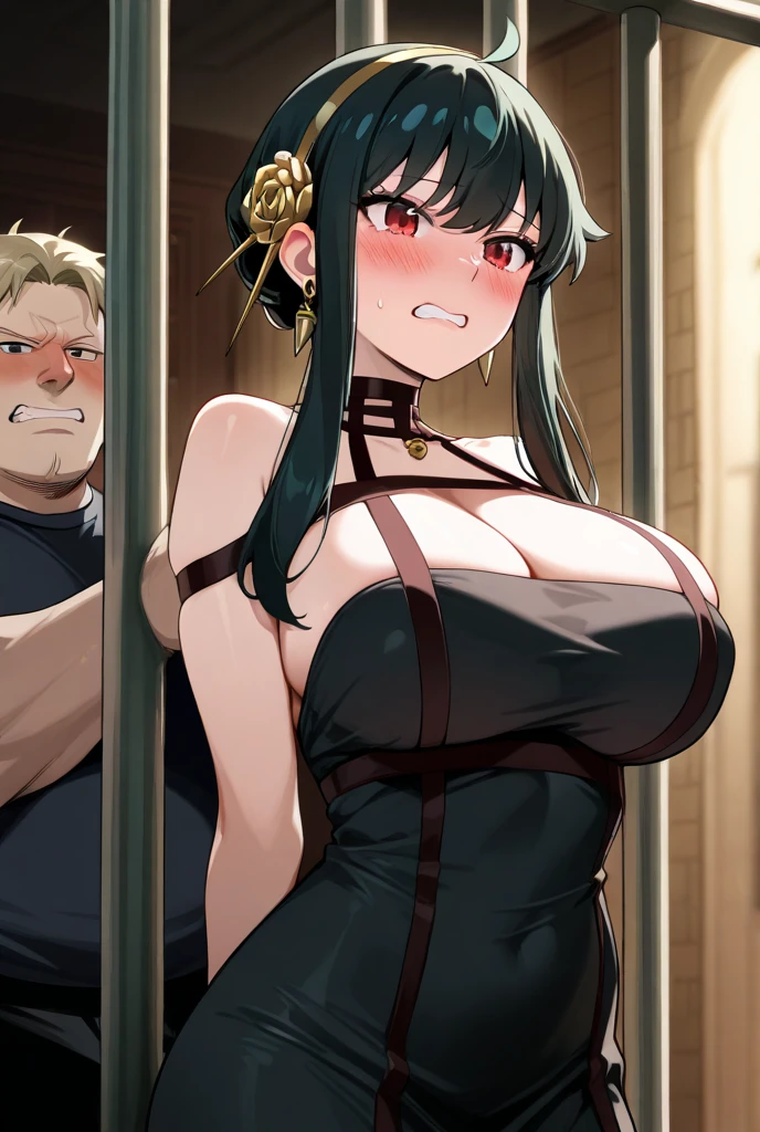 ,(Igbaddy), a woman, cleavage (latina:0.7), hair, bangs, cute face, curvy, (((inside jail))), lingerie., perfect make up, eyeliner, eye shadow, surrounded by men, groped, arms up