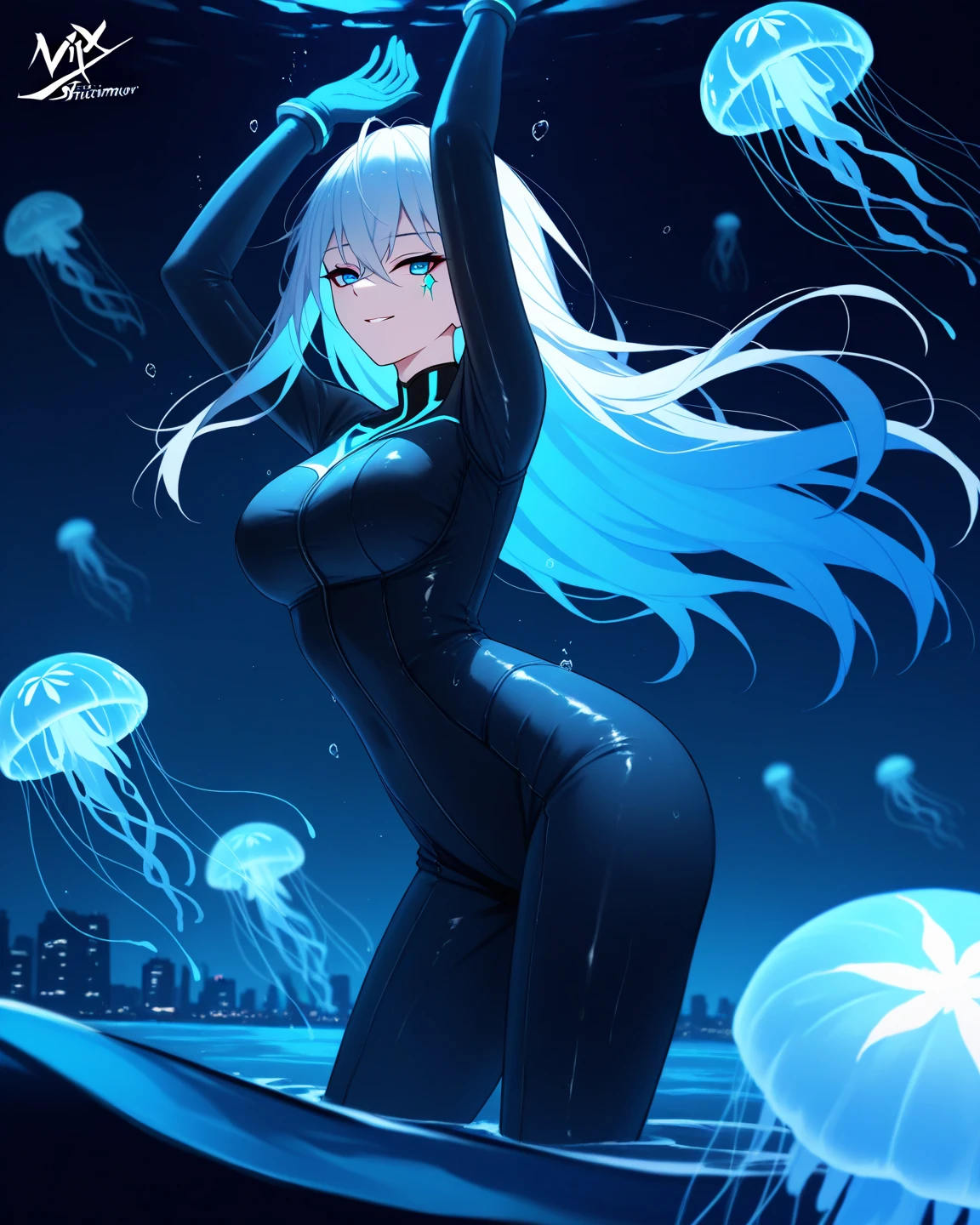 popart,flat color,(best quality, masterpiece, ultra high-resolution, ultra-detailed: 1.2),
tween Girl in a jellyfish costume,In the deep sea,jellyfish hat,wear see-through coat,tight body suit,shiny skin,pale skin,