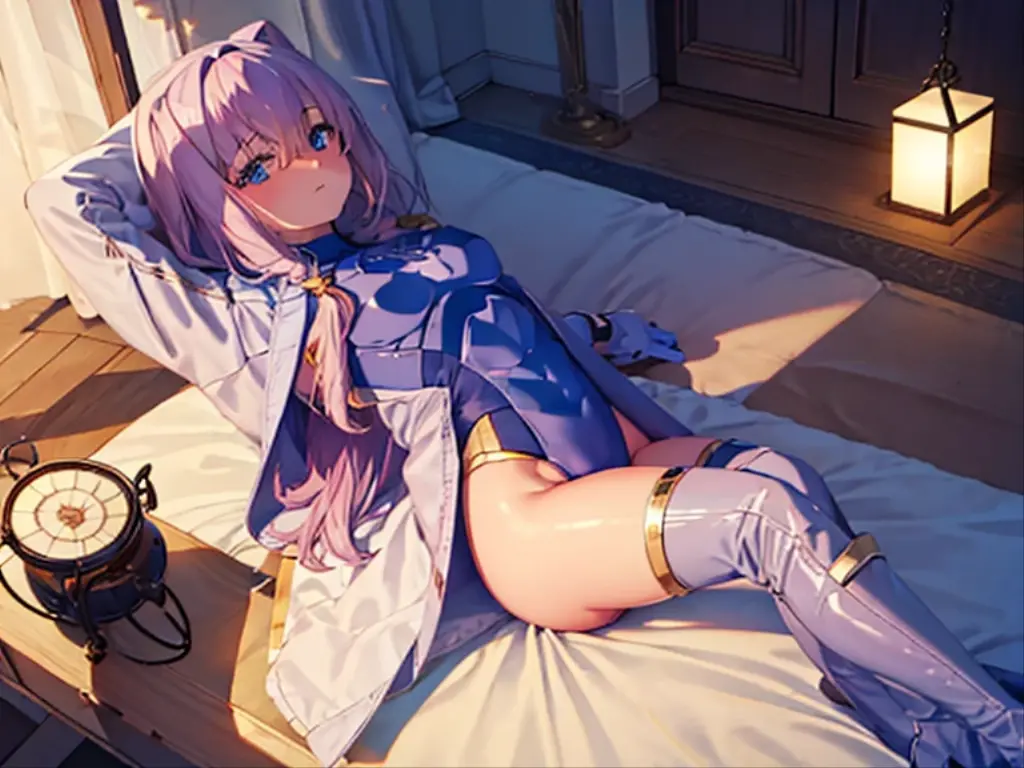 highest quality,sleep on your back in bed,Crab ??????,show me your boots,thigh high boots,leotardチラ見せ,glove,elegant, 1 girl, leotard,body suit,cute, blushed, looking at the viewer, from below, prison,blue eyes, beautiful eyes, beautiful background, particles of light, Light of the sun, dramatic lighting, outside, shiny, realistic, table top, highest quality, Super detailed, get used to it, scenery, beautiful and detailed eyes, thin hair,full body shot,
