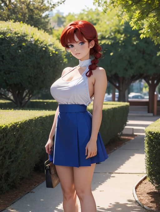 Garota anime ruiva com vestido de casamento rosa, 16 anos, corpo bonito, seios grandes, with your hands behind your head, running your hands through your hair, garota sexy, red hair with braid, gorgeous lighting, sombras suaves, olhos azuis, pernas bonitas, hair with braid, estilo anime, Ranma Chan, Autora Rumiko Takahashi, Baseado em obra de Rumiko Takahashi, Anime Ranma 1/ 2, decote sexy, quadril robusto, corpo inteiro, corpo completo, busto grande, garota jovem com corpo belo e bonito, sandals on the feet, garota 16 anos jovem baixa estatura, vestido casamento rosa lindo, garota anime, estilo anime