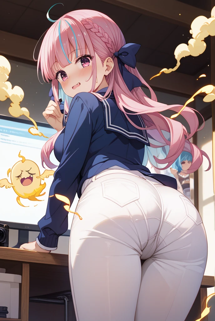 High quality, HD, (((Noel Shirogane))), (Hololive), school uniform, standing, Turn around and look down, short skirt, Sticking out the butt, Big butt, white panties, onara, fart, farting, big fart, Fart from the ass, Yellow smoke, Yellow smoke is rising, Close one eye, smile, smile lewdly