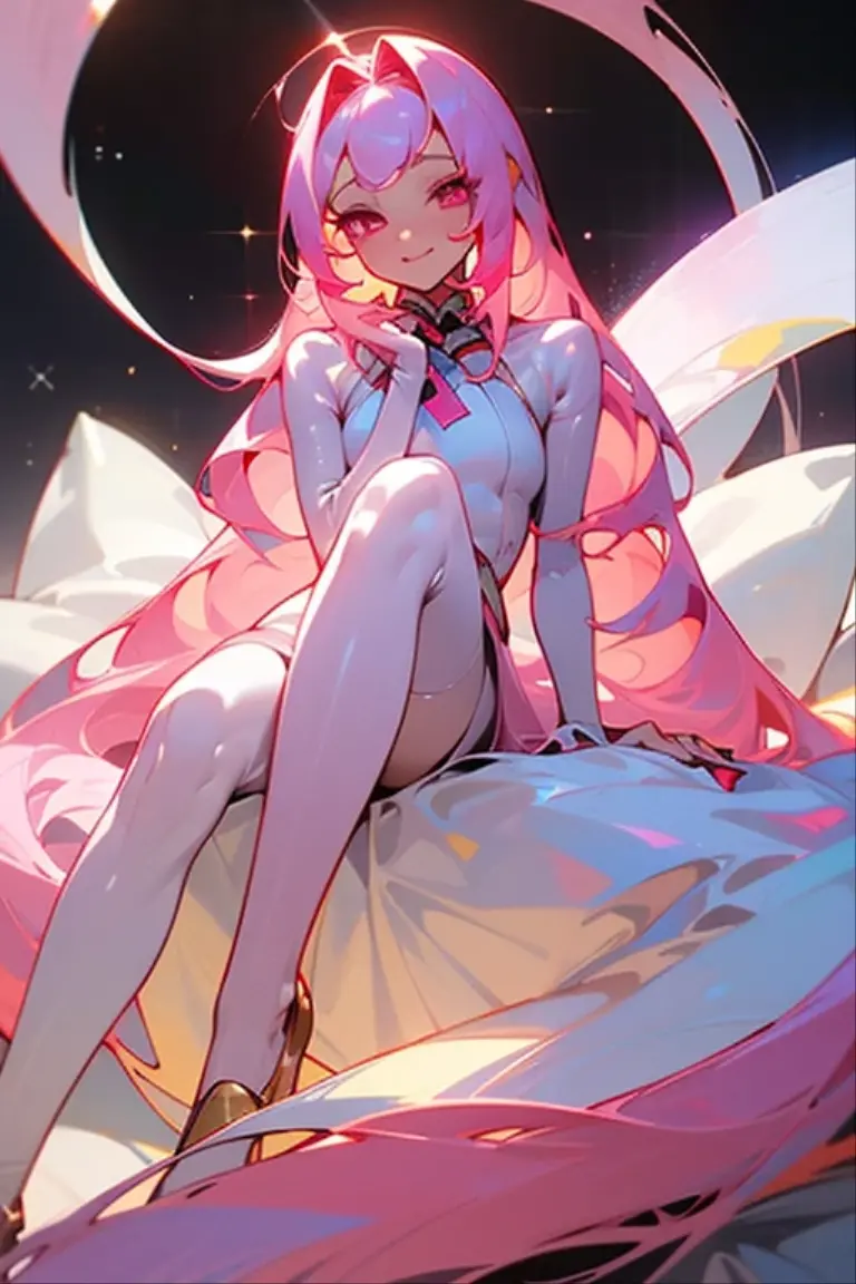 (Masterpiece: 1.5, best quality, high resolution: 1.3, super resolution, super detailed, ultra detailed: 1.3, rich background: 1.2, 1 woman)) pale skin + pink hair + very long hair + pink eyes + long eyelashes + abundant hair + separated bangs, visible forehead + feminine body + medium chest + medium hips + pretty legs + toned body + blush on the cheeks (Her long, pink hair covers her entire chest, she is naked, her private parts are NOT visible, her hair is as long as Rapunzel's) ((Smiles, sitting on her haunches, pillows around her, solar lighting, attractive appearance)