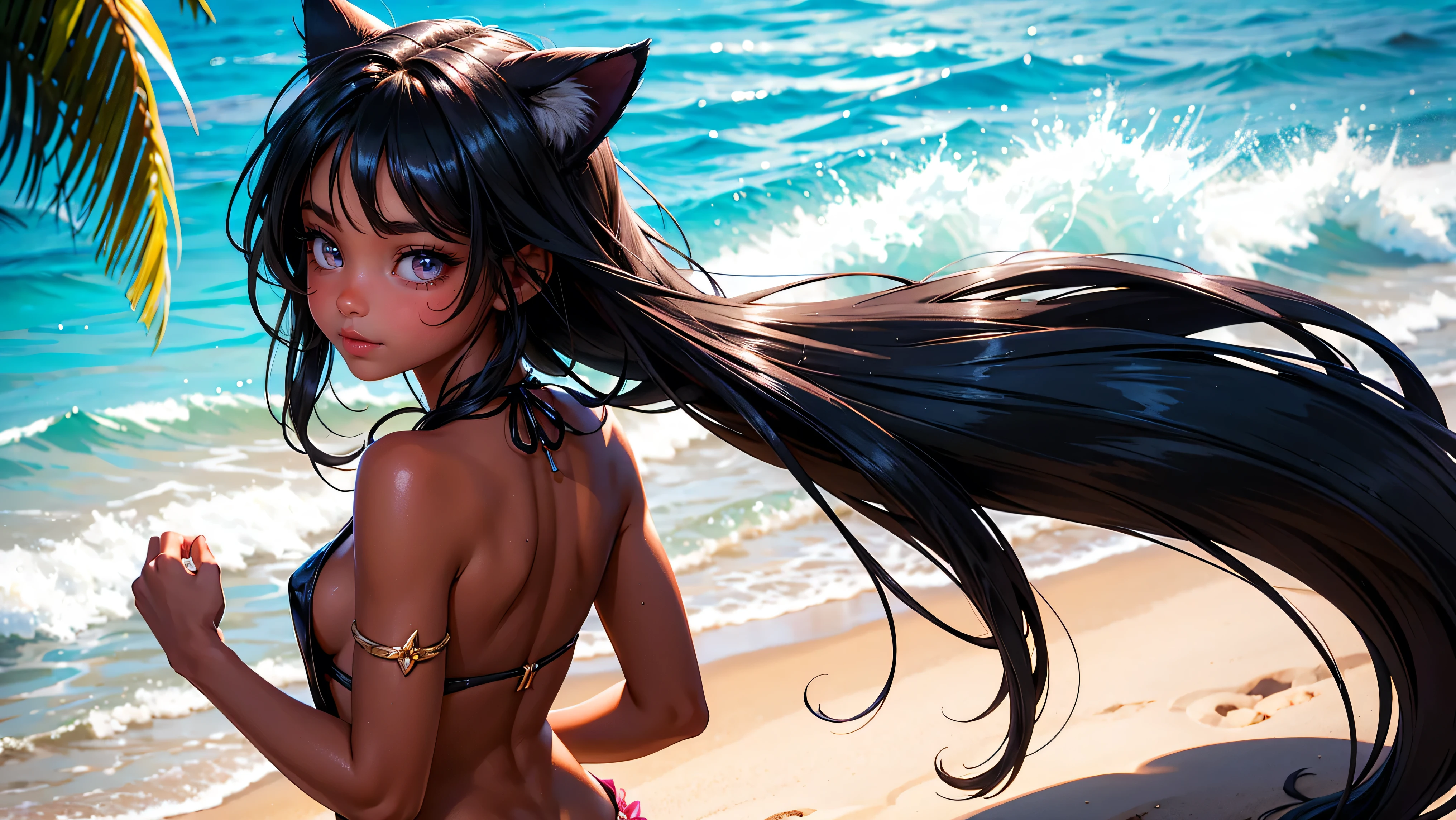 Skinny rat , black hair, wavy hairstyles, shudder, long eyelashes, Round Eyes, fake animal ears, slight smile, blush behind the ears, fang, surrealism, ombre, In the background is the sea ,anaglyph, stereogram, NSA, ass pov, atmospheric perspective, 8K, super detaill, ccurate, beste-Qualit