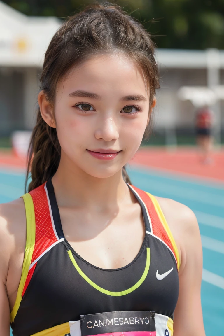 (Beautiful 12 year old Japanese female track and field athlete), cute face, (deeply carved face:0.7), (freckles:0.6), dramatic lighting, shy, ponytail, (smile), (sparkling eyes), thin, athletics stadium, athlete, slender