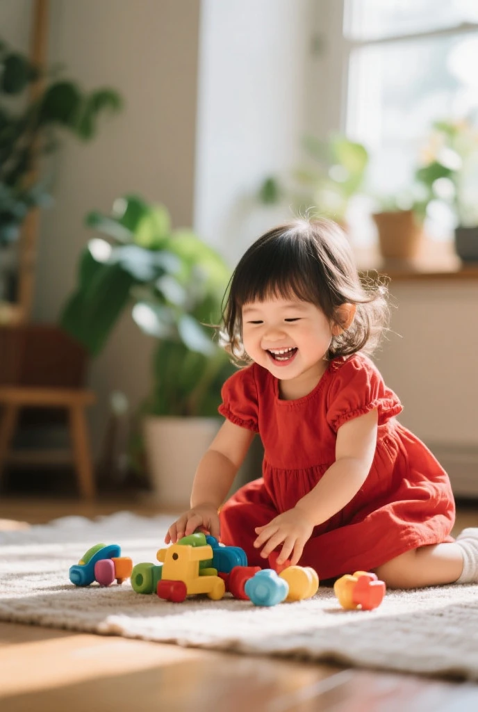 3 year old girl sitting on Chinese living room floor playing with toys,Two braids,Realisticstyle,Chinese little girl