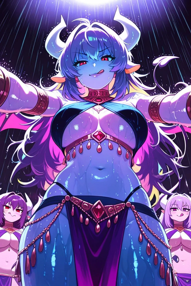 4k, High Definition, 1 girl, Swimsuit, color del Swimsuit: negro, tipo de Swimsuit: Bikini, short hair, Hair color: purple, slanted eyes, Eye color: purples, macabre smile, BIG BREASTS, big thighs, demon tail, small demon horns, pointed teeth slender body, shot from all angles, big tits