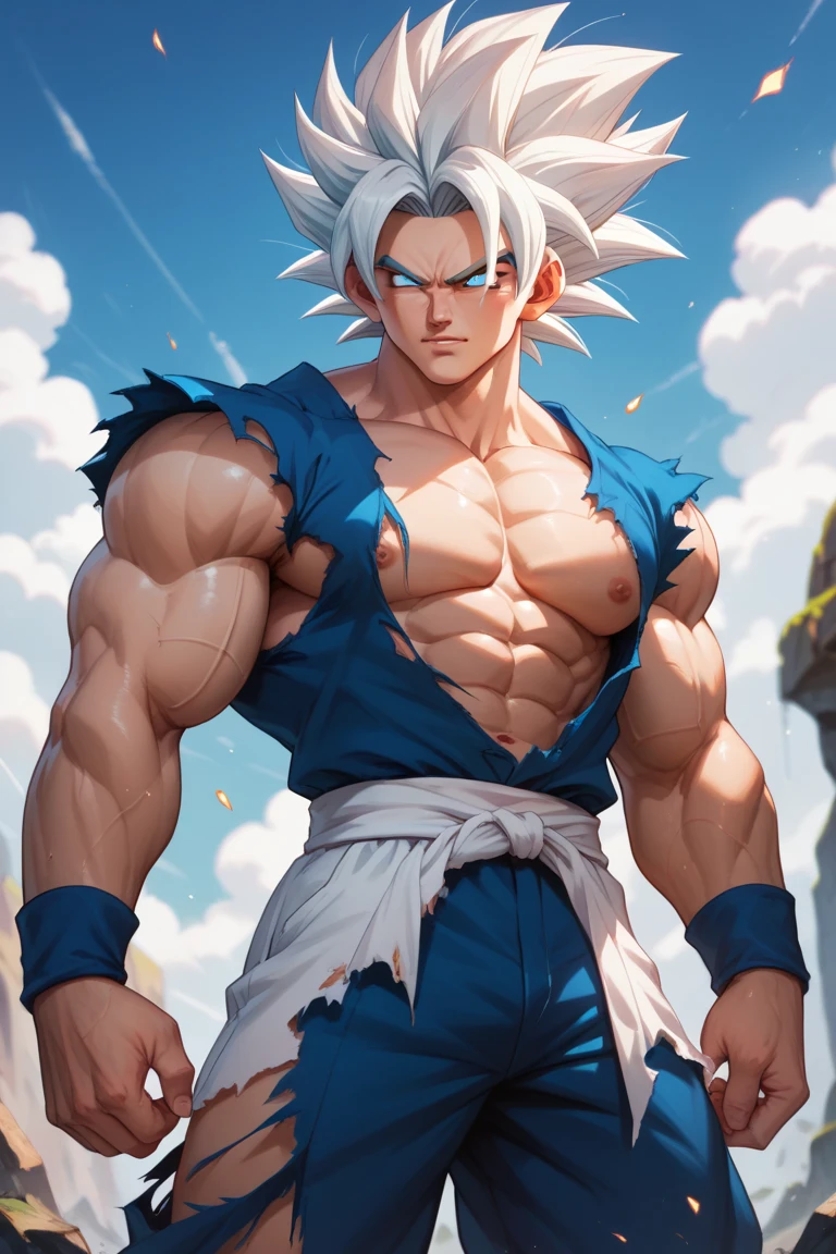 man opens mouth blue eyed blue hair