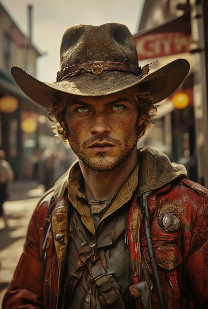 Gunfighter, young american man, detailed face of Luke Skywalker from Starwars but like Wild West in 1750 year, western movie style, at the street of small town, athletic physique, ((brown-red vintage clothing:1.5)), cowboy hat, bright skin, short bright hair, detailed intense blue eyes aggressive look, western cinematic, cannon 6d, faded soft colours, vintage aesthetic