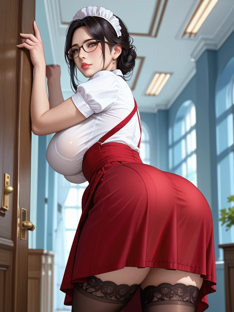 high school girl, detailed,classroom,black hair,foreground, ((backwards)) ((looking back)) ((bare butt)) ((perfect and shiny body)) ((bare vagina)) ((penetrated)) ((cock en su vagina)) ((tight red dress)) ((lying on a table)) ((ass with cum)) ((butt covered in cum)) ((semen)) ((cock)) ((penetrated))