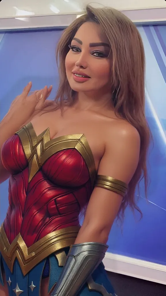 (best quality, 4k, highres, masterpiece:1.2), ultra-detailed, realistic:1.37, Izabela ion, face portrait, smiling, very intense makeup, back, beautiful buttocks, sexy, wonder woman, oil painting, detailed brush strokes, vibrant colors, dramatic lighting