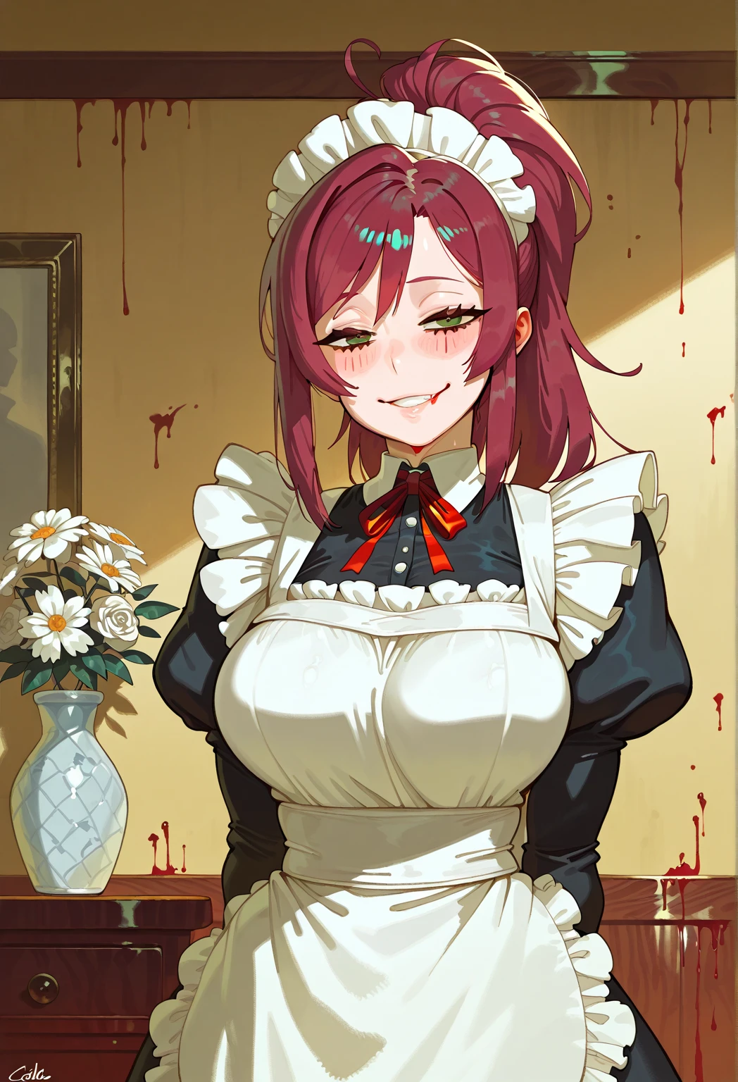 (score_9, score_8_up, score_7_up), (adult, 1femboy, seductive face, seductive expression), leaning forward, heart hands, close up, lipstick, magenta eyes, magenta long hair, bangs, smile, toned, manboobs, cat ears, cat makeup, maid, apron, wide hips, cleavage, fingerless gloves, thong, thick thighs, thigh highs, indoors, bar interior, cinematic, source_anime, rating_explicit,