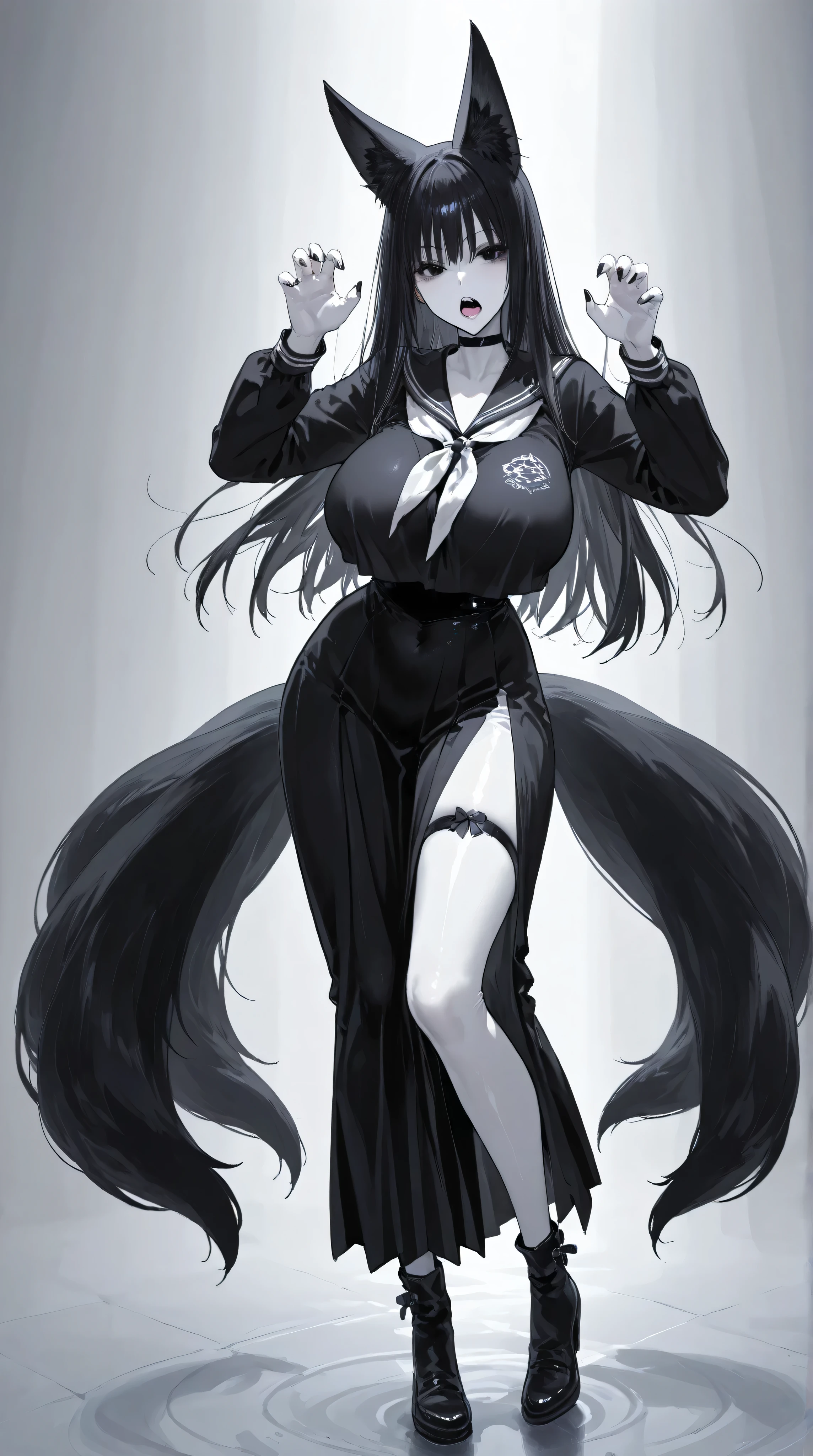 long black hair、 eyes without light 、Dark Eyes、black sailor suit、white skin、full body、Nine tails、fox tail、huge breasts、open mouth、claw pose