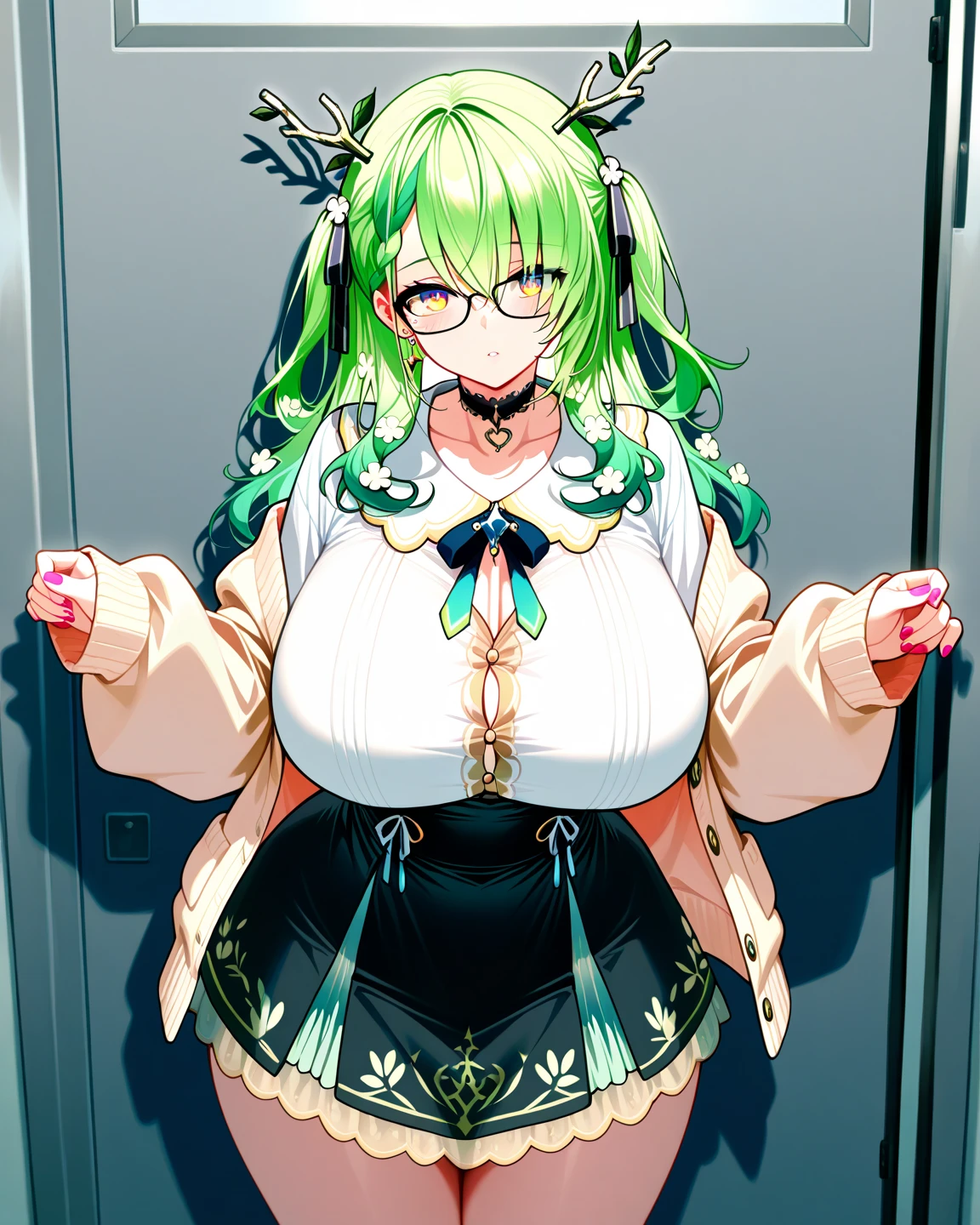 score_9,  score_8_up, score_7_up, score_6_up, source_anime, best quality, masterpiece, High Resolution, more details, 8k, 4K, hi res 8k wallpaper, top-quality, Top image quality, ultra-detailed
cowboy shot, standing, front_view, leaning_forward
large breasts, big breasts, gigantic breasts, big thighs, wide hips, narrow waist, curvy,  voluptuous , curvaceous
Curly hair, voluminous hair, green_hair, long hair,
eyesHD, high gradient eyes, detailed eyes, high definition eyes, yellow eyes,
fauna, antlers 1girl, solo, looking_at_viewer, hands_on_own_chest
fauna_casual, two side up, antlers, side braid, glasses, white shirt, frills, black skirt, high-waist skirt, cardigan, ribbon, black choker, earrings, pink nails, mole under eye
