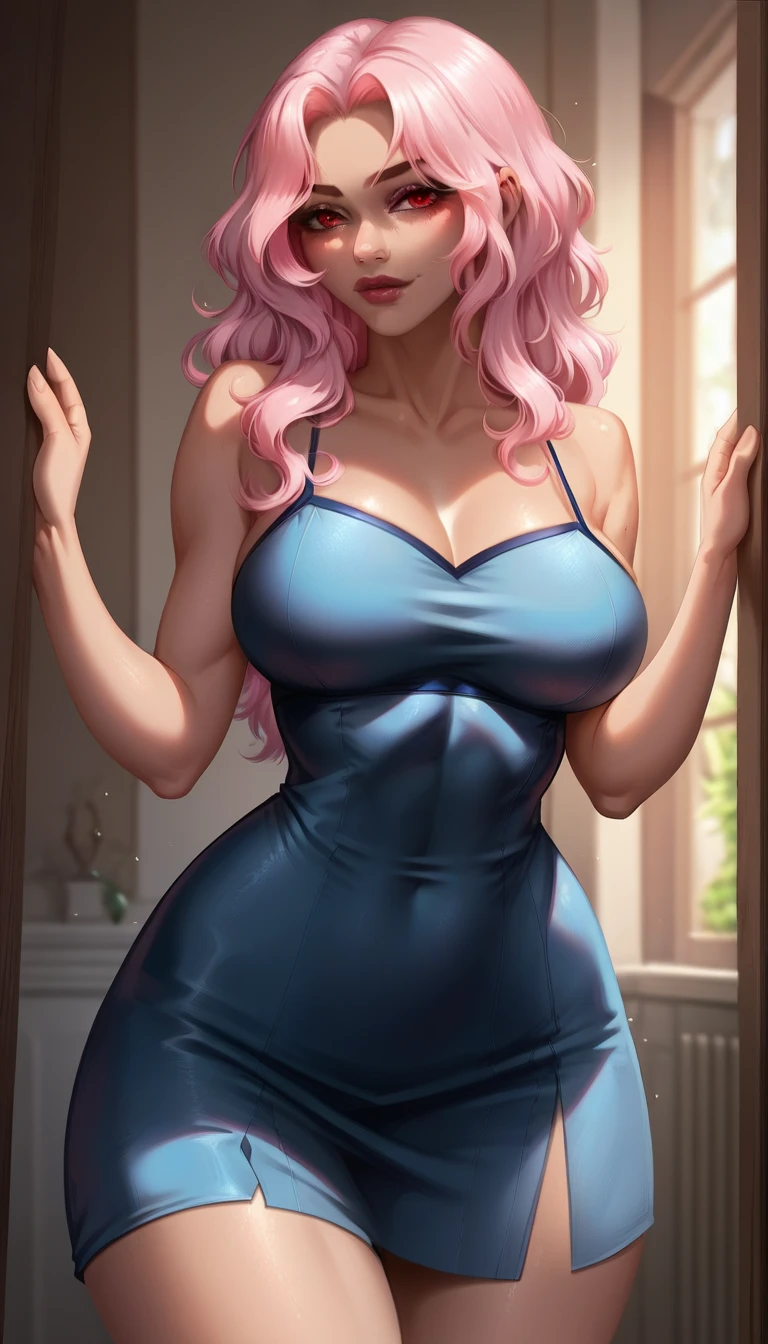 masterpiece, Best quality, beautiful detailed eyes, street outfit, (1 girl), beautiful hair, Body-hugging, shiny clothes with gold details, blush, pomade, Eyeliner, parted lips, Colorful, beautiful lips, ray tracing, perfect lighting, extremely detailed 8k wallpaper, (detailed background), Perfect eyes, (sexy pose), Bedroom , stands at the threshold of the door , A room in pink tones ((dark skin)), (Girl with pink and blue hair), curvy body, big ass, big tits