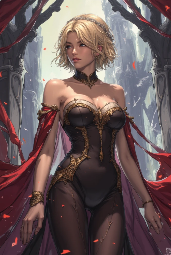 Masterpiece, Maximize highest quality:1.5, Maximum hyper beautiful and hyper realistic 3D digital illustrations:1.5, Hyper high power resolution, UHD, 16K, 1080p, Ultra hyper clear details, Smooth, soft and clearly and hyper realistic skin texture and hair texture:1.5, Hyper beautiful detailed eyes texture:1.5, Amazing dynamic movement:1.5, Beautiful backgrounds with depth of field, Hyper beautiful natural light, Rule of thirds, Maximize every effect and present it in the ultimate quality, 1woman, sexy, cool beauty, 25years old, beautiful face sharp, elegant mature woman, Ultimate perfect body style, beautiful big breasts, upturned breasts, beautiful green eyes, shiny blonde hair, short hair, Shag cut, (eyes visible through hair:1.3), glossy very thick lips, pink lipstick, smile:1.5, A stunning oriental dancer in a deep red, intricately designed costume, adorned with golden embroidery and sequins, , The costume features a flowing skirt with multiple layers, , A fitted bodice with delicate beadwork, , She wears luxurious accessories including a golden headpiece, , Dangling earrings, , And multiple bracelets, , The background is a grand palace with ornate pillars and a marble floor, , The dancer is captured in a dynamic pose, , Her movements full of energy and grace