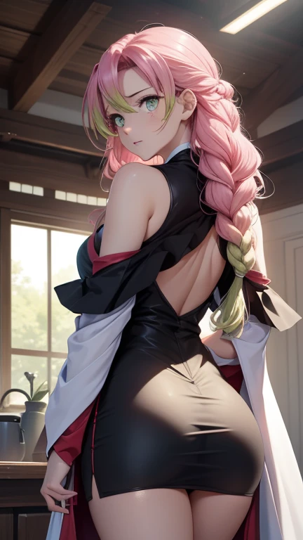 beautiful, (best quality, masterpiece, super detailed: 1.5), perfect lighting, shiny, hires, nature, cobblestone, steam, blue sky, in the distance, whole body, face focus, 1girl, Mitsuri (demon slayer), beautiful girl, beautiful face ((Mitsuri (demon slayer))), a girl with long green-pink gradient hair and green eyes in a long-sleeved jacket with a neckline, white haori, a black skirt with a silver belt and green striped hips, pink hair, green hair, gradient hair, multicolored hair, long hair, bangs, double braids, green eyes, demon slayer uniform, long sleeve jacket, white haori, black skirt, silver belt, green striped thighs, blush, sweat, realistic, chest, wide hips, (thick barbells: 0.9), décolleté, standing, hands behind your back, viewer look, erotica, (Back, behind, Shows ass: 1.3)