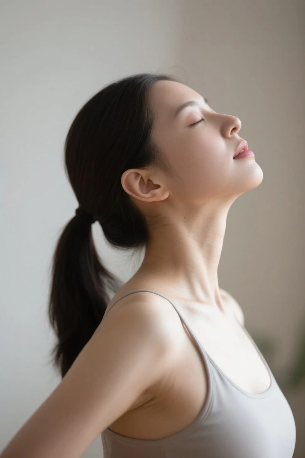 Photo, (Photorealistic: 1.4), (Hyperrealistic: 1.4), (Realistic: 1.3), (Smooth lighting: 1.05), (Improved lighting quality of the film: 0.9), Gentle and beautiful and attractive woman, (White nightdress, deep low neck), sexy and provocative pose, Beautiful and delicate face, Neat, innocent, Pink lips, Open mouth, (closed eyes), Profile, Black hair, Shy face, large breasts, seductive and exquisite collarbone, ultra-high resolution, soft and smooth skin, very realistic details, ultra-high resolution, excellent detail, 8K, attractive collarbone, cheeks reddening, eyes closed, mesmerizing expression, evening light, backlight, bedroom, big window,