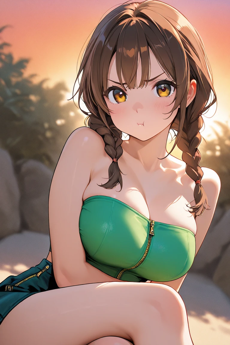 (Masterpiece, best high quality image, carefully detailed details and textures, alone character, full body view)
{{(1character: 50 years old brown haired human woman noble:(fair skin, short straight brown hair, beautiful blue eyes, beautiful face, sharp eyebrows, voluptuous figure, big breasts, beautiful legs, gentle smile, crouching position),(green headband, blue bikini),(grass park, cloudy day))}}