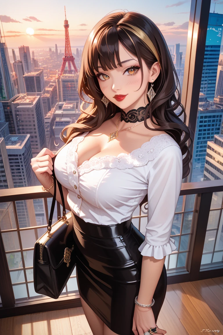 1girl, matured female, vest, bow, best quality, hires, detailed face, office, buildings from window, detailed background, diffused sunlight, depth of field, bokeh,big breasts, cleavage, chandelier earrings,sharp jawline,makeup, lipstick