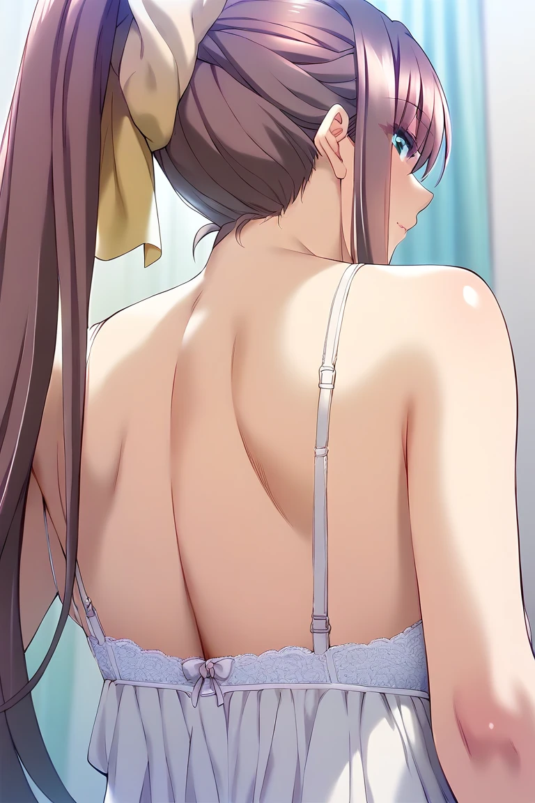 best quality, insanely detailed, miku nakano, bedroom background, breasts, blush, back style, pussy, focus pussy, nipple, look into the distance, nsfw