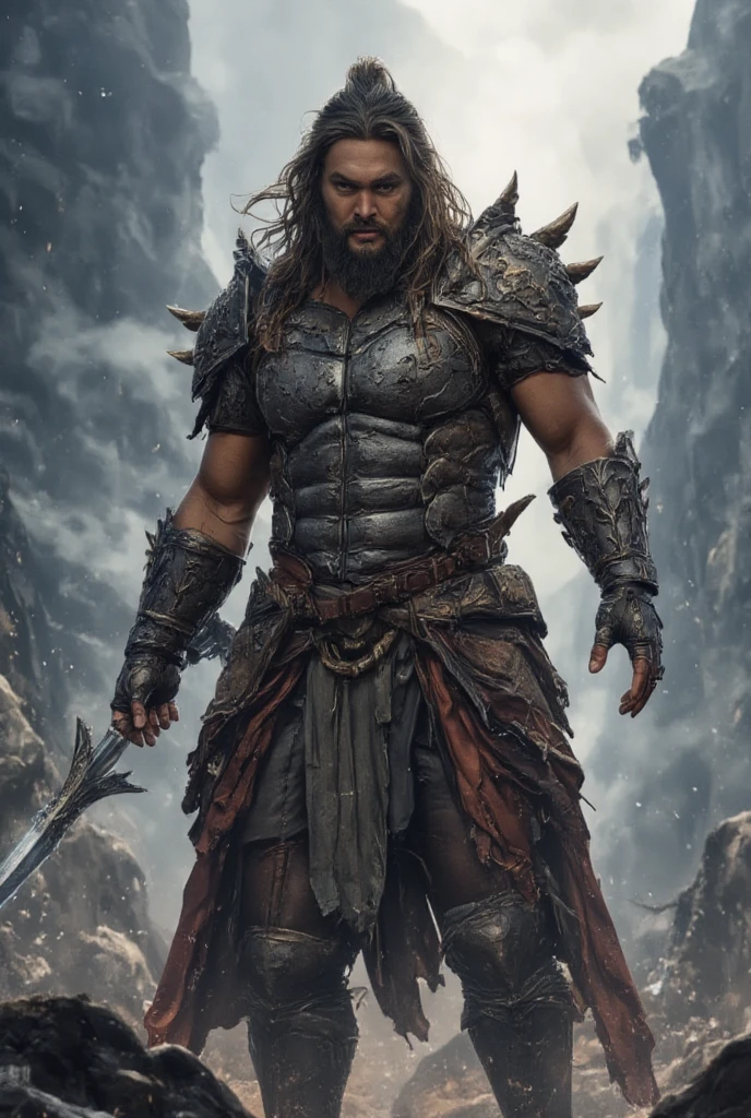 (Cinematic Photo:1.3) of (Ultra detailed:1.3) photo of the most beautiful artwork in the world featuring soft lustrous, ((epic heroic fantasy muscular rugged wet wounded hero man angry looking with long hair and long beard and fierce looking in a dynamic posture)), chest, full face,(dark background:1.4) (epic realistic, hdr, intricate details, hyperdetailed, cinematic, rim light, muted:1.5), ((fantastic location, majestic cluttered environment)), skin pores, very dark lighting, heavy shadows, detailed, detailed face, (photo realistic, dramatic, dark, sharp focus, 8k), (weathered damaged old worn leather outfit:1.5), (intricate:1.4), decadent, (highly detailed:1.4), octane render, sharp focus, heavy rain, particles floating, (Cinemacolor:1.3)