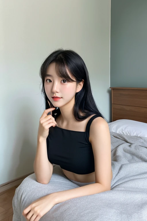ultra high resolution,masterpiece,highest quality,
highly detailed face,fine eyes,very complicated,perfect light,shiny skin,perfect lighting,detailed lighting,dramatic shadow,ray tracing,
1 girl,Upper body,from the waist up,chest emphasis,sweater,looking at the viewer,Outstanding style,perfect situation,on the hotel bed,real,realな肌,small face,Bed sheets
