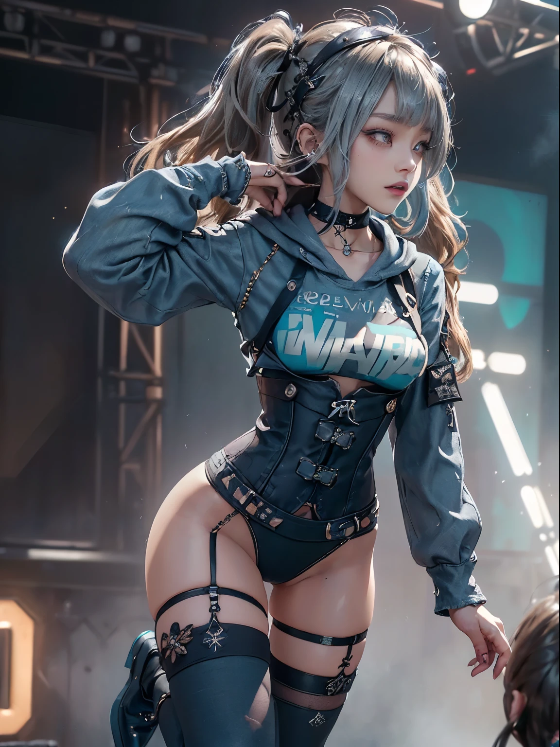 (Full Body View:1.3)、(Side view:1.1)、(Smiling with teeth showing:1.3),(Shibuya Gal:1.5)、(Costume of the hostess:1.4)、(Neo-goth fashion:1.4)、(Punk RockVisual Kei:1.4)、(Modern short jacket in khaki, turquoise and charcoal:1.5)、(Tattered brown, charcoal and navy denim bodysuit:1.5)、(Mustard Yellow Headband:1.3)、(Charcoal and khaki striped knee socks:1.4)、collar、White long boots、(We sell patterned underwear with logos.:1.4)、20-year-old、NSFW,((Highest quality、In 8K、masterpiece:1.3))、Sharp focus:1.2、(Layered Cut、Huge boobs:1.1),Beautiful woman with perfect figure:1.4、(Doing an aerobics pose:1.3)、(Open legs:1.3)、(Raise your arms:1.2)、(Open your crotch:1.3)、Slender Abs:1.2、Butt、Highly detailed face and skin texture、Detailed eyes、double eyelid,(Twin tails:1.3)、(Dark grey hair:1.3)、Dynamic Pose、Obscene pose、Humiliating pose、Gravure idol、(A gorgeous sunny fashion show stage:1.3)、(Make your legs thinner:1.4)、(Slim body:1.3)、(clavicle:1.1)