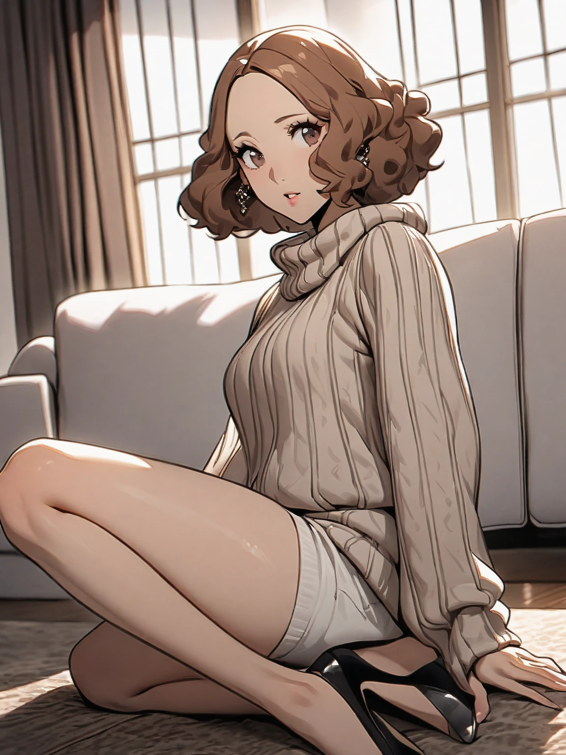 ((best quality)), ((highly detailed)), masterpiece, absurdres, detailed face, beautiful face, (detailed eyes, deep eyes), <lora:more_details:.6>, (1girl), <lora:fromBelowPOV_v1:1>, from_below, foreshortening, looking at viewer, pantyshot, propped up on one elbow (\resting\), (sheep girl), goat horns, ((brown hair:1.3)), (((curly hair))), ð, (freckles), sheep wool, wooly, fluffy, ((medium breasts)), big sweater, (indoors, in a closet), <lora:RWBYOCs:1>, rwby oc, holding weapon