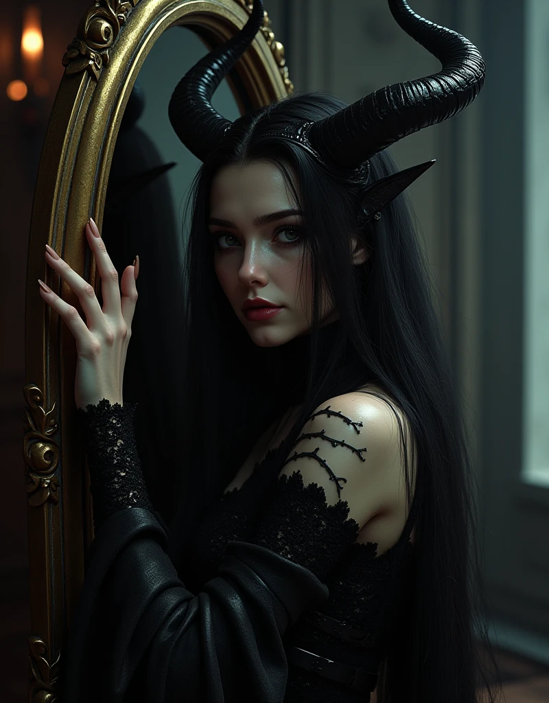 A slender, white-skinned woman, with a backless dress showing scars on her back. From behind with head in profile. With dark purple hair and golden eyes. with a black dress. background, a palace room with a life-size statue of a dragon, giant. Torches illuminating the dark environment. Dark. fancy. pointy-eared.