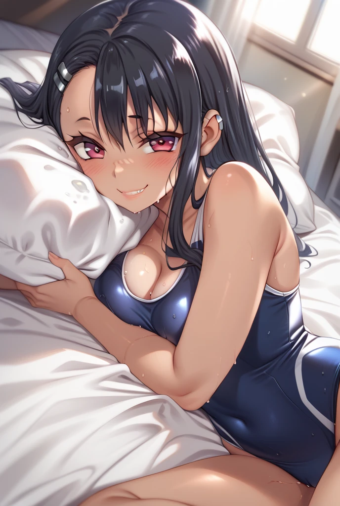 high angle, looking at viewer, looking ahead, from above,cowboy shot,1 girl ,Lying in bed,Beautiful girl at ,Japanese,Small and slim,Flat Chest,Small breasts,Baby Face,Small face,Black Hair,Twin tails,Grey Eyes,Sexy Swimwear,open mouth,tongue out,Beautiful and detailed anime art,puzzled look,Sexy vibe,cum on tongue,Dark Room,Moody lighting,