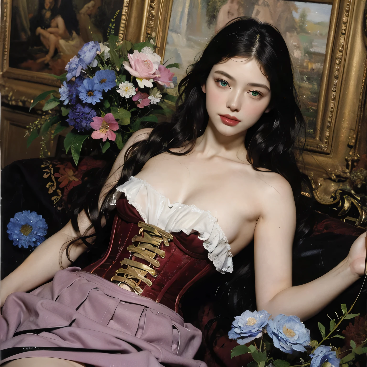 ((((8K))),((Highly detailed CG)) ,(wallpaper),16K,((Very sophisticated and beautiful)),(((masterpiece))),(((Highest quality))),(((Ultra-high resolution))),Mysterious natural light,(Realistic landscape:1.4),Single-lens reflex camera,break, ((1 girl)),24-year-old Japan beauty,(Sensual look:1.2),(Gradient Brown Hair,Shiny髪,innovative hairstyle:1.2),light makeup,Red lipstick,Natural Makeup,double eyelid,Beautiful Eyes,Beautiful Eyes,Soft white skin that shines in every detail,Pale skin,Golden ratio face,Very beautiful face,More information,Lips Detail,Shiny, Beautiful Lips,Shiny lips,break,(8 heads,Perfect figure),(Beautiful clavicle,Beautiful C Cup Breasts),(Bustier style,High neck lace,corset dress,Random colors:1.3),(Colorful flowers,fully decorated:1.3),(Long legs,Large, firm waist:1.3),break,((Flower Field,Flowers in full bloom,Pasture)),((Lying down,Lying down,Photograph the whole body,Shooting from above))