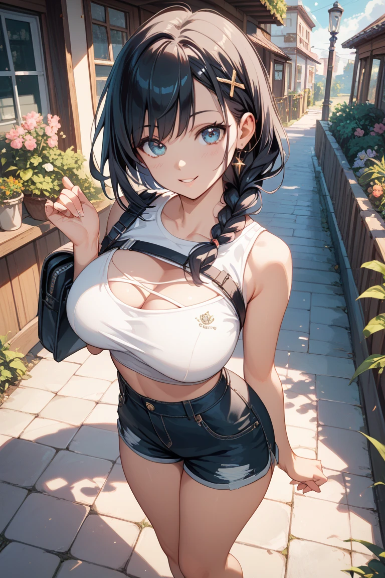 (masterpiece, best quality: 1.2), cowboy shot, solo, 1girl, yaoyorozu momo, anime screencap, city, long hair, black hair, gray eyes, looking at the viewer, lustful, closed mouth, ass, wide hips, short top, short shorts, unbuttoned shorts, erotica, back