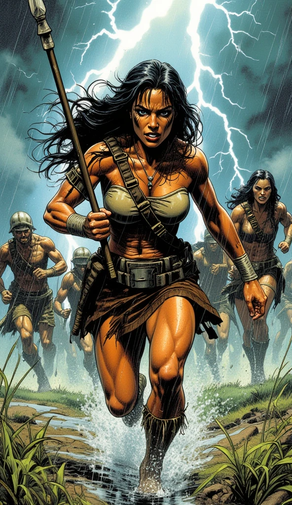 A Barbarian queen wearing primitive clothing with her Amazonian fighters are fighting the Vikings warriors in the high forest of the golden temple , realistic bodies, realistic faces, photograph, vibrant, sunny"
