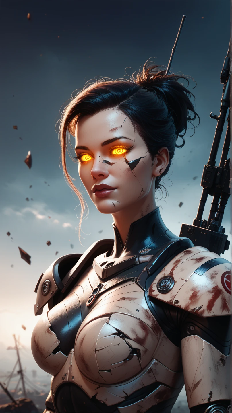 arafed image of a woman with a face full of blood and a man in a suit behind her, still frame from prometheus, in style of luis royo, mechanized soldier girl, by Marek Okon, artificial intelligence logo, miners, grey armor, wet make - up, sexy movie photo, icon for an ai app, portrait of a female ranger