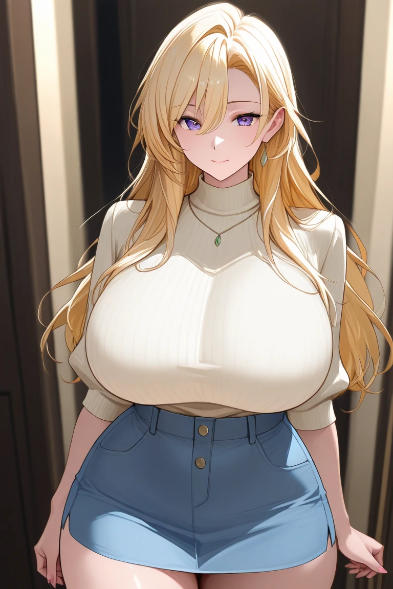 ((masterpiece, best quality:1.4)), illustration, 8k, hd, cowboy shot, anime style, detail face, detail eyes, rich girl, house, brown T-shirt, brown trousers, (massive boobs), long white hair, brown eyes, mature,
