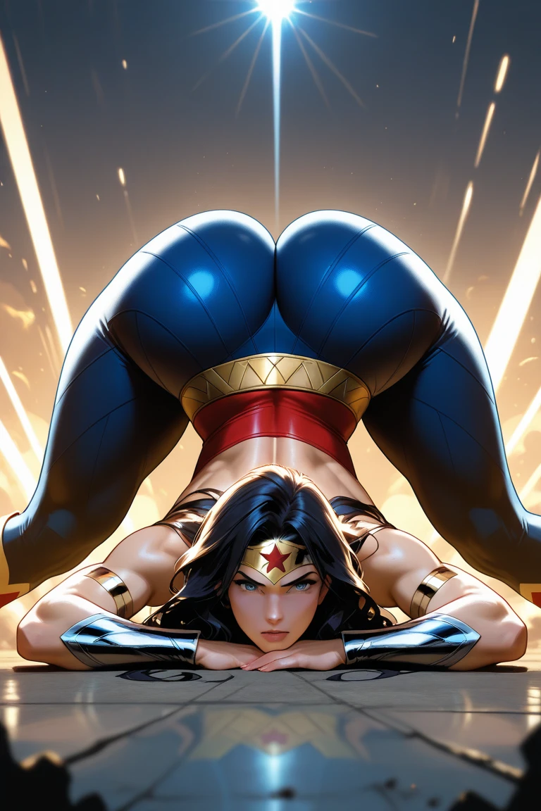 Superwoman, female bodybuilder, huge breasts, large butt, strong biceps, strong abs, hyper muscular, heroine suit, Amouranth holding the viewer, Amouranth, zoom out, flying miles above the ground, sky and clouds background