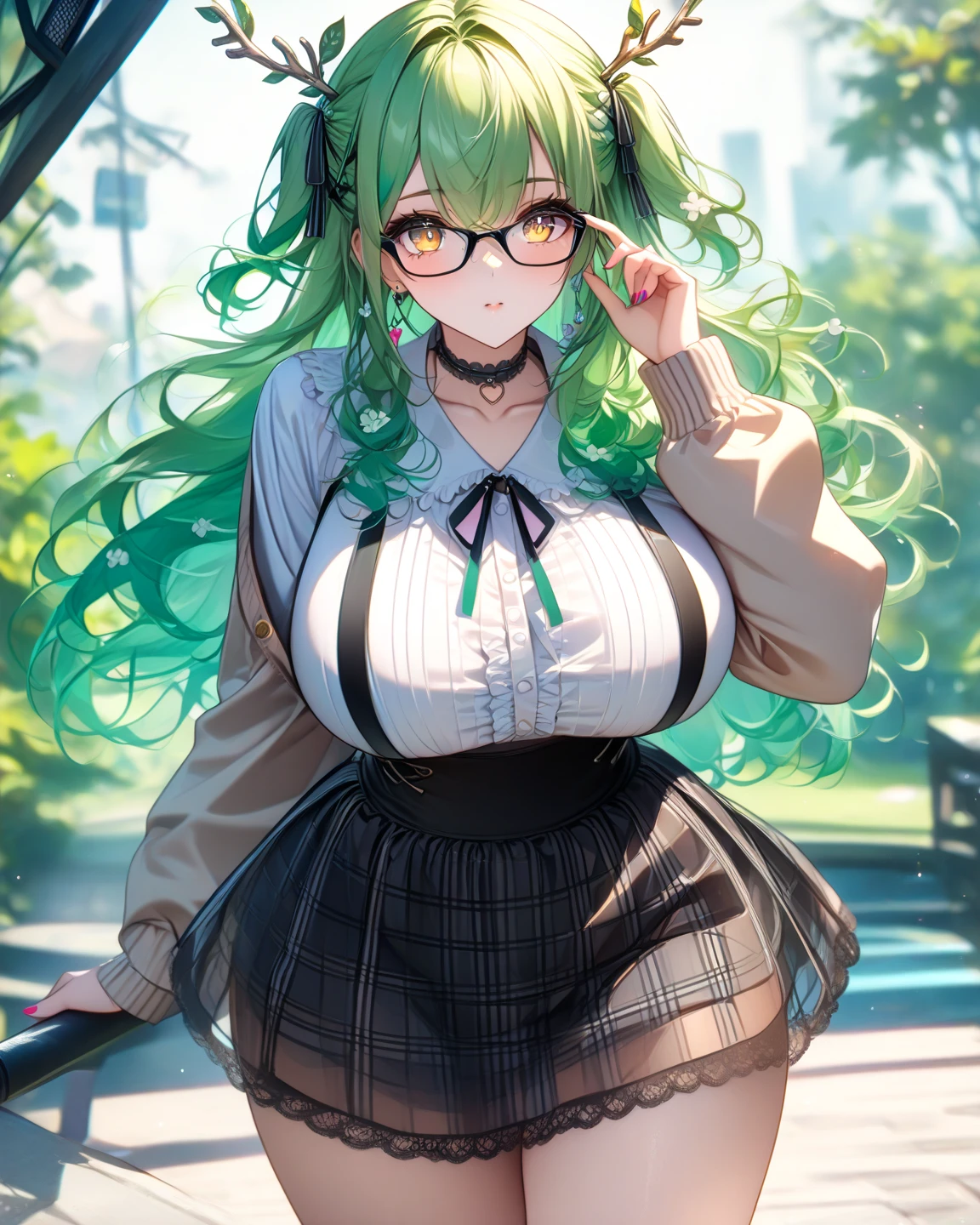 Una mujer con el  pelo puntiagudo, color amarillo  con falda verde fuerte, tiene caderas anchas, with a short shirt on the chest with a leaf symbol, con mangas de color verde, una mano tras la cadera, mano derecha apoyada en la parte izquierda de la cadera, senos grandes, ojos amarillos, con lentes de lupa en la parte de el pelo, (mejor calidad)), ((Obra maestra)), (detallado), cara perfecta