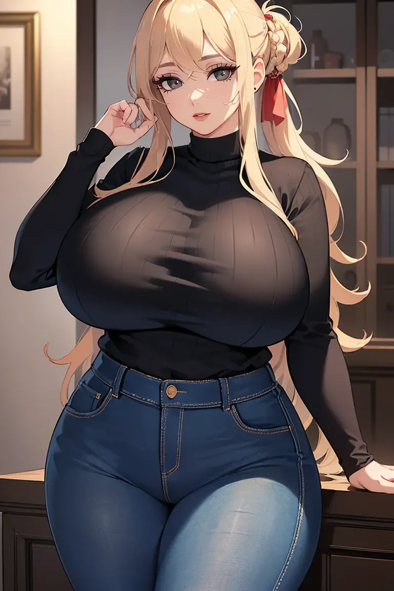 (Uhd, Masterpiece, Textured Skin, Super Detail, High Details, High Quality, Best Quality), Detailed Face, 1woman, mature pretty woman:1.5, ((Wide hips, thick thighs, massive huge breasts)), Blonde hair tied up, (Black sweater shirt), jeans, (Huge Body), (Hair tied up with side bangs)
