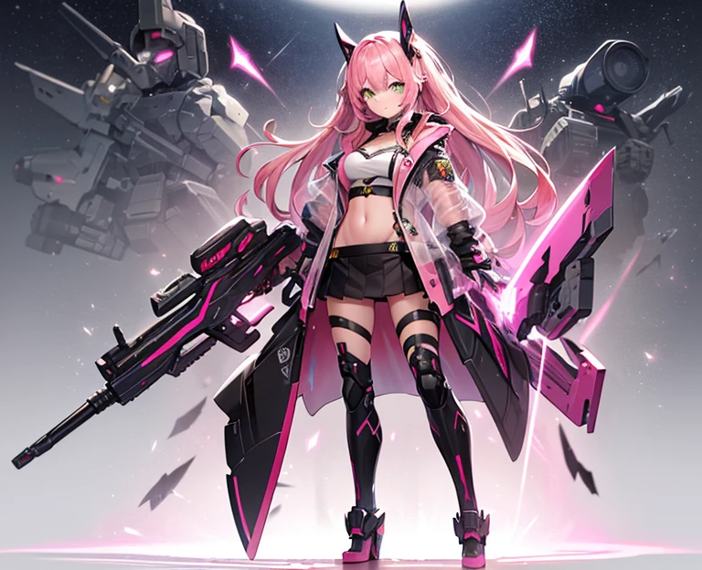 (artwork, highest quality, highest resolution, distinct_image, detailed details): (8K, 4K, best quality, High resolution: 1.2), artwork, Ultra-detailed, hyper details, cinematic Light, Alone, woman, long pink hair, small and tight bra, mini skirt, clothes with futuristic details, highlighting the breasts, perfect body, thin waist, heroine pose, mature, perfect face, full body, looking at the viewer, detailed_background, full_body, dynamic_angle