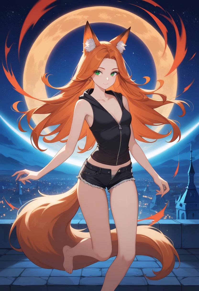 by fluff-kevlar, by ouka, by Kilinah, (((woman, breasts, antrum, extremely detailed, extremely detailed legs, extremely detailed arms, extremely detailed face, perfectly detailed eyes, perfectly detailed anatomy))): 1.2, beautiful and detailed portrait of an anthropomorphic vixen ((female))), anthro, female, red fox, high definition, good anatomy, orange fur, orange body, simple background, highly detailed face, deep yellow iris, yellow eyes, red hair, long hair, kitsune, multiple tails, dark lighting, moody lighting, full body,  body, slanky body, sexye, nice, hot, cute, pawpads, paws, showing feet, magical levitating, night, half moon, stars, blushing, friendly smile, smile, friendly, elegant, dark, mysterious, alluring, beautiful, thigh highs, purple yukata