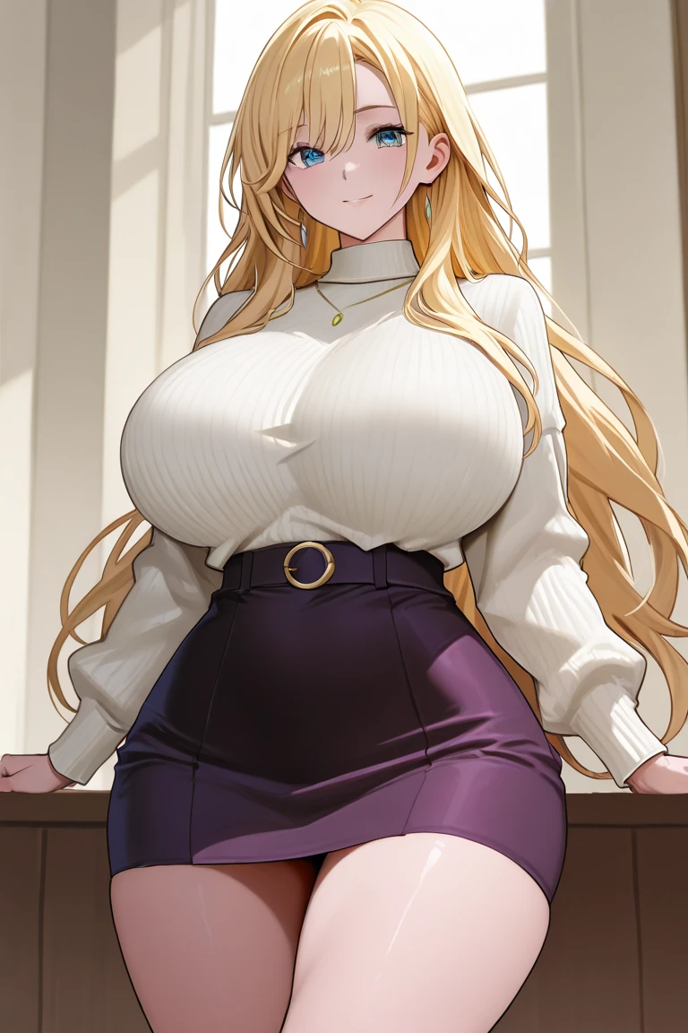 masterpiece, best quality, highres, hs1, light purple eyes, wide hips, thick thighs, long sleeve shirt, midriff, blonde hair, cleavage, long hair, half updo, blunt bangs, pink shirt, black thighhighs, micro skirt, legs apart, khaki skirt, hair clips, (huge breasts), indoors, cowboy shot, from below, smile, looking at viewer, thick thighs, jirai kei, window, plant, necklaces, ear piercings, bracelets
