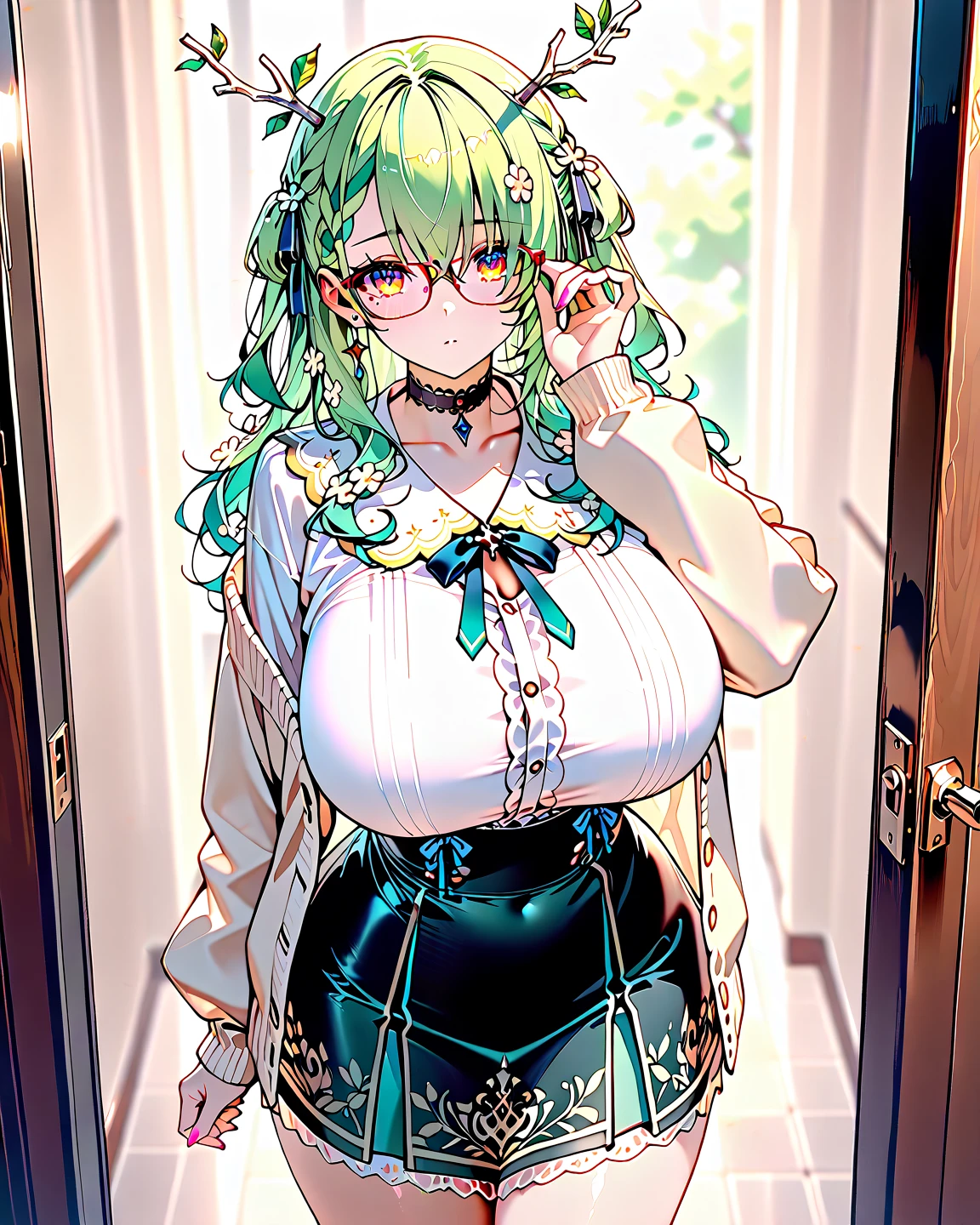 (64k, RAW photo, highres, best quality, masterpiece:2.0), (ultra-fine depiction of the detail:2.0), (realistic, beautiful, photo-realistic:1.3), (Tex Mex Burrito Style), (genshin impact), 1girl, (yuri alpha), long black hair, (single braid bun), bangs, shiny black hair, blue gray eyes,(cool glasses), (gothic style vivid blue choker), (blue bowtie and ribbon) (a battle maid with confidence and dignity), (she is equipped with spiked gantlets, and they are elaborately designed, and vivid dark emerald green colored), (solemn maid dress with gothic style coreset), cleavage, huge breasts, mature elegant female, shiny skin, ghost in the shell, pink lips, looking to the side, closed mouth, in a study room, filled with solemn atmosphere, (highly sophisticated professional HDR, with effective ambient occlusion, perfectly optimized spot light and front light:1.8), (perfect, natural, harmonious composition), (photo-realistic, ultra-detailed:1.5), ((only by full body shot and cowboy shot from front:1.6))