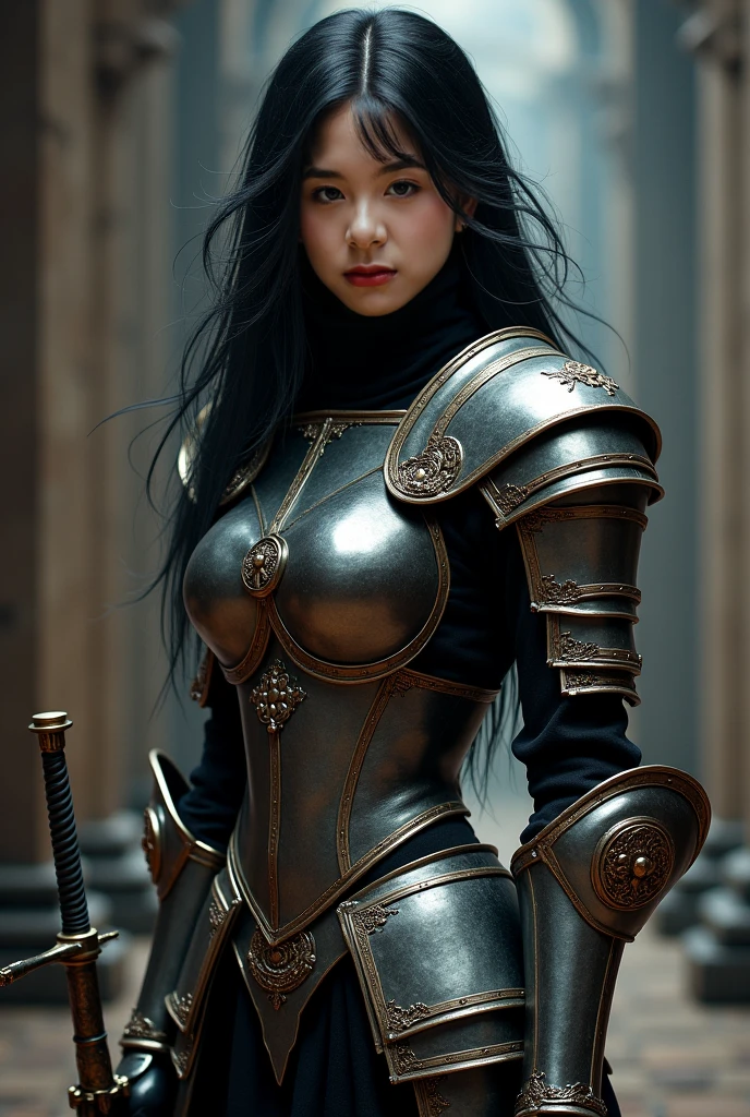 8K,超A high resolution,((Top image quality))、((masterpiece))、(High Detail:1.3)、Woman in black armor、length hair。More about chest armor、Wartime scenes of armor damage