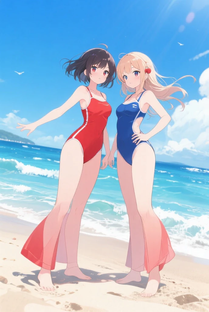Two girls standing on a beach volleyball court,Two-piece school swimsuit with white trim,String,18-year-old,bangs,Laugh a little,Thighs,sum,knees,Shortcuts,short hair,From below、Round and jiggling ass、cute、Track and field uniforms