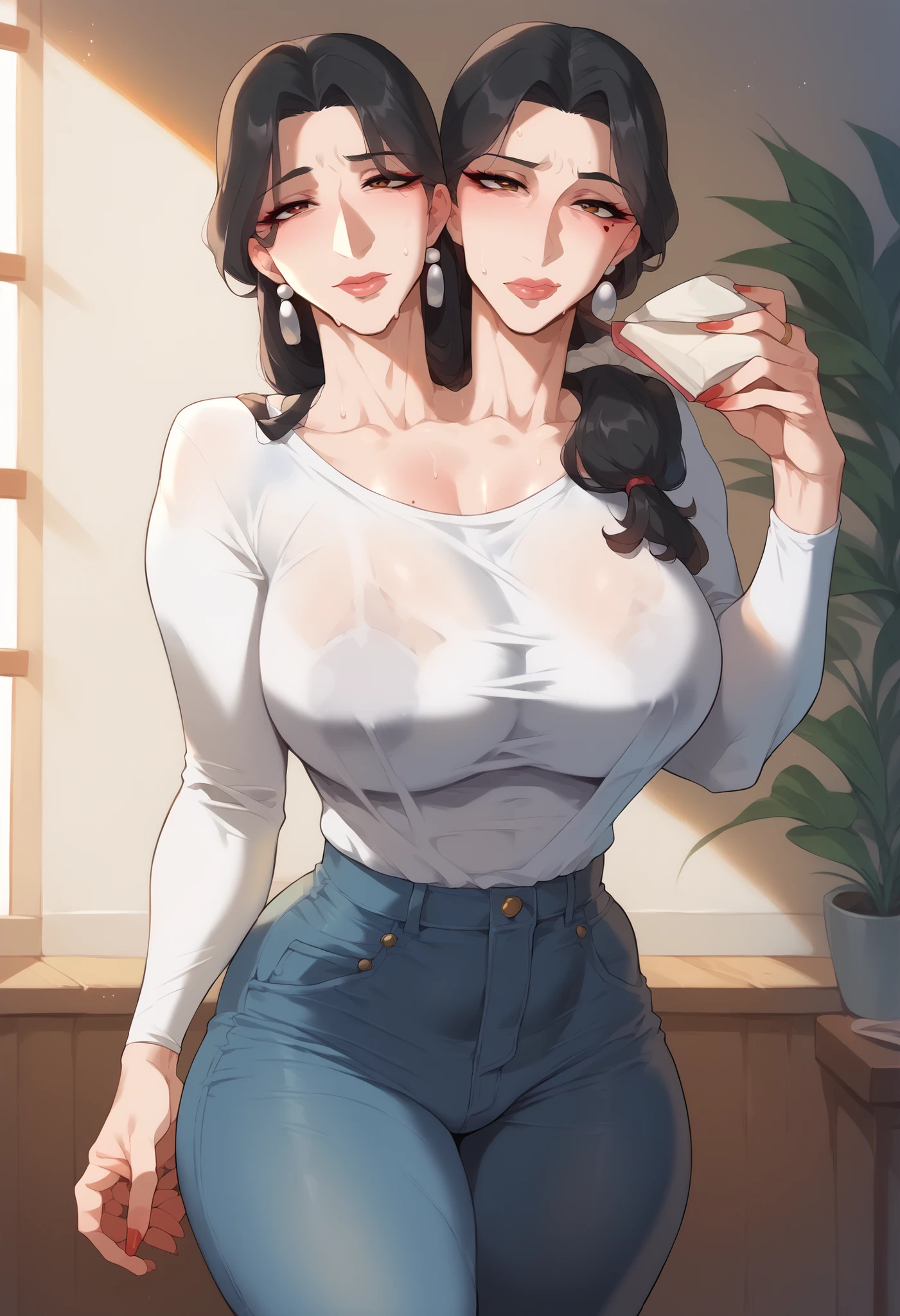 2 heads, woman with two heads,Hyperreal, Grandma、Asian gilf、Japanese, gilf, mature woman, perfect face, perfect lighting, black hair、long hair、sexy lips, sexy woman, closed mouth, Beautymark, thicc、, ( HUGE BREST:2.5,)、sweat,、high neck long sleeve white rib knit tee、Denim Pants、standing、 Slim waist、