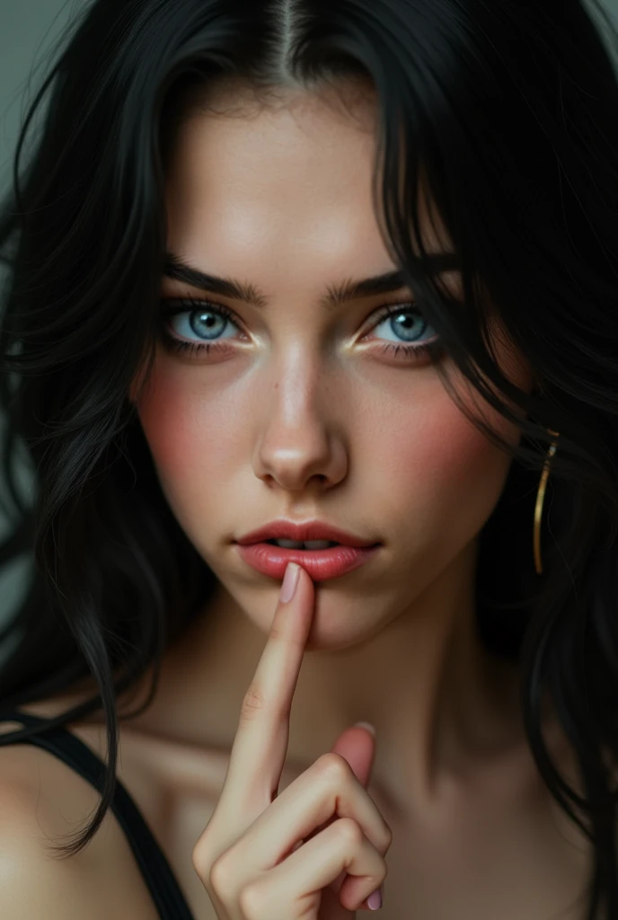 tem uma mulher com dedo na boca, clear, high-quality lips, beautiful aesthetic face, small lips, nariz pontudo, garota cara fofa, com lindos olhos puxados "foxy eyes", rosto sexy with full makeup, rosto bonito e claro, rosto sexy, coreana, eyes and lips, coreana, rosto natural sexy