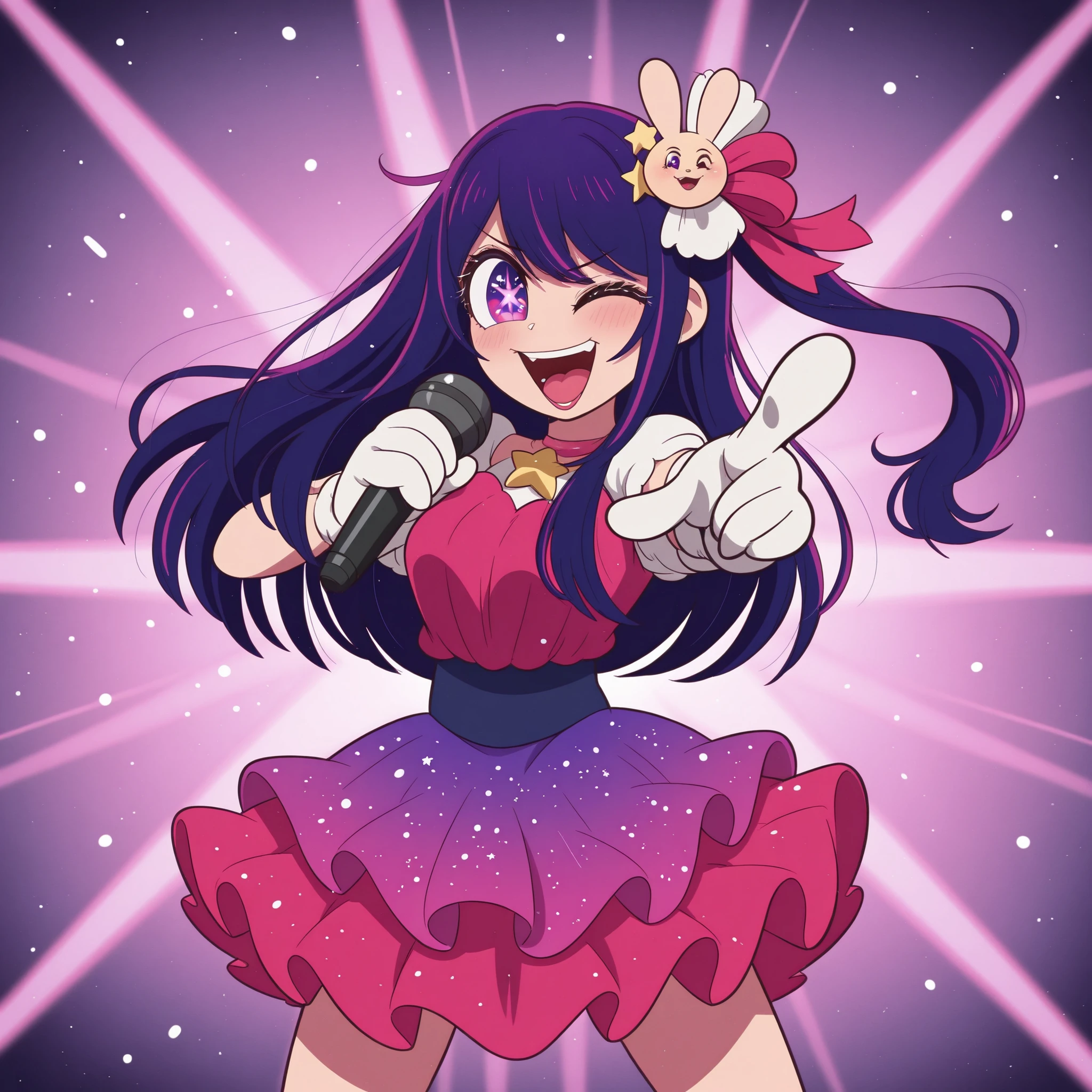 masterpiece, best quality, Rubberhose, toon \(style\) masterpiece,best quality, Super Detail, highest quality,amazing quality, hoshino ai, purple hair, purple eyes, long hair, symbol-shaped pupils, star-shaped pupils, star (symbol), 1girl, microphone, one eye closed, gloves, solo, holding microphone, hair ornament, smile, dress, holding, open mouth, idol, pointing, pointing at viewer