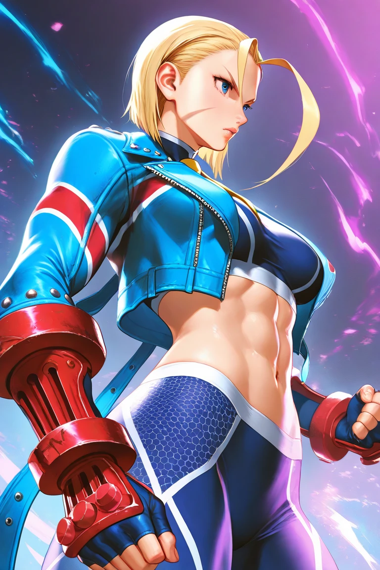 cammy sf6 ,1girl , solo , tank top , yoga pant, abs, short hair , blonde hair , open jacket ,blue eyes , outdoor , standing , smile , happy , upper body , scar on cheeks ,gloves,