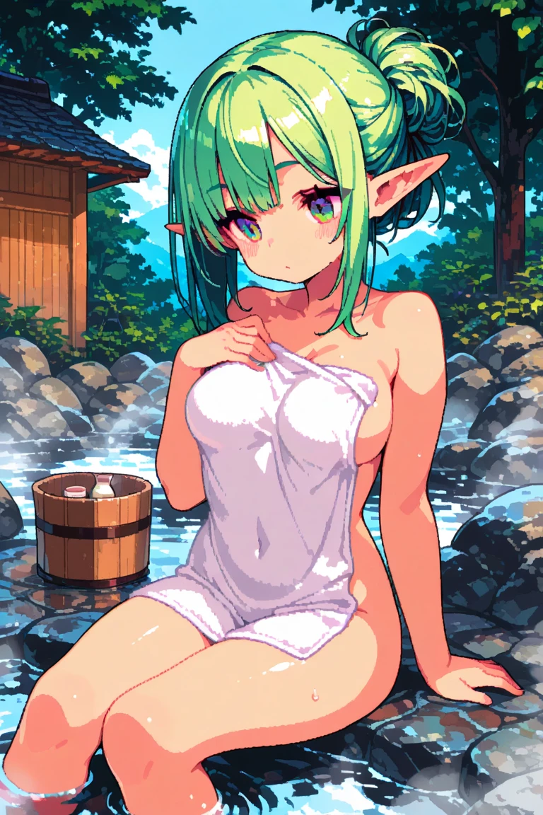 1girl, green hair, green eyes, portrait, realistic, towel, (onsen), sidelighting, wallpaper, nsfw, hard nipples